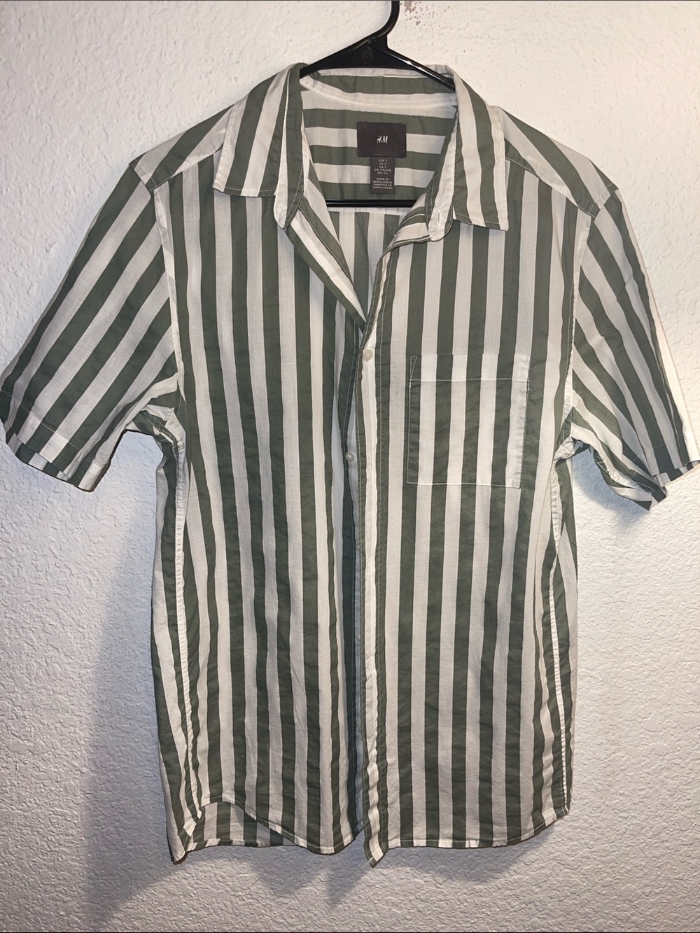 H&M Green and White Vertical Stripe Short Sleeve Button-Up Shirt